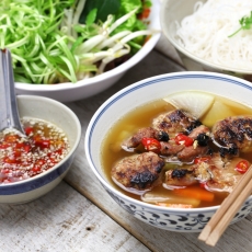 bun cha, grilled pork rice noodles and herbs, vietnamese cuisine